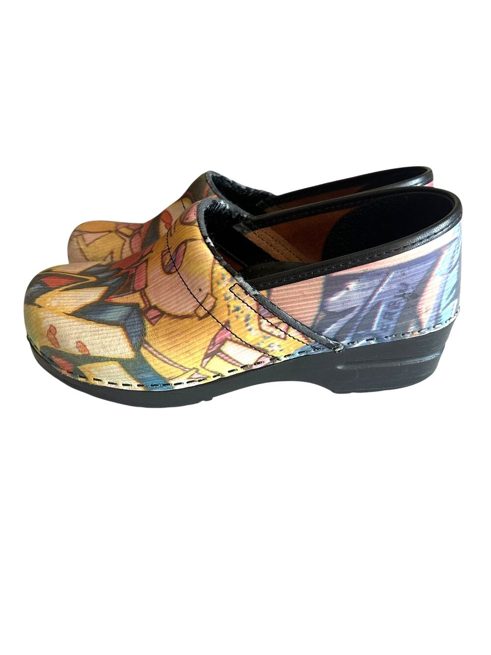 Sanita Hand-Painted Graffiti Clogs Size 40 (Womens 7.5) Yellow Black Multicolor